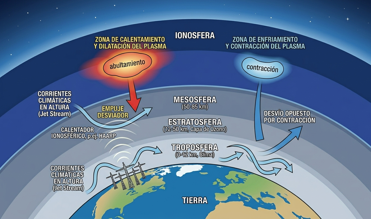 Esquema técnico de la ionosfera y el efecto HAARP